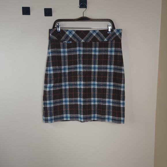 L.L. Bean Brown Plaid Mini Pencil Skirt Wool Blend Size 12 - Picture 1 of 8